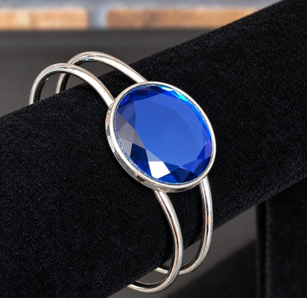 Large Blue Stone Cuff Bracelet Double Band Silver Tone Metal